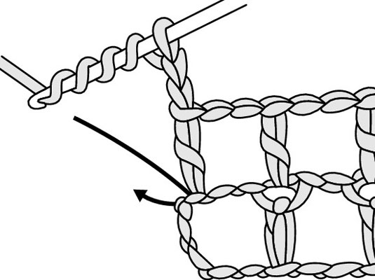 Aumenta uno o più spazi alla fine di una riga in Filet Crochet